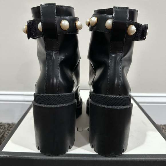 Gucci Magnum Calfskin Pearl Lace Up Combat Ankle Black Boots - Picture 5 of 11